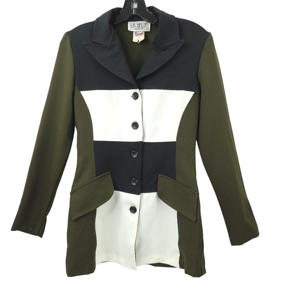 Color Block Blazer Jacket Vintage Size 5 Peaked Collar Buttons Fitted Green Y2K